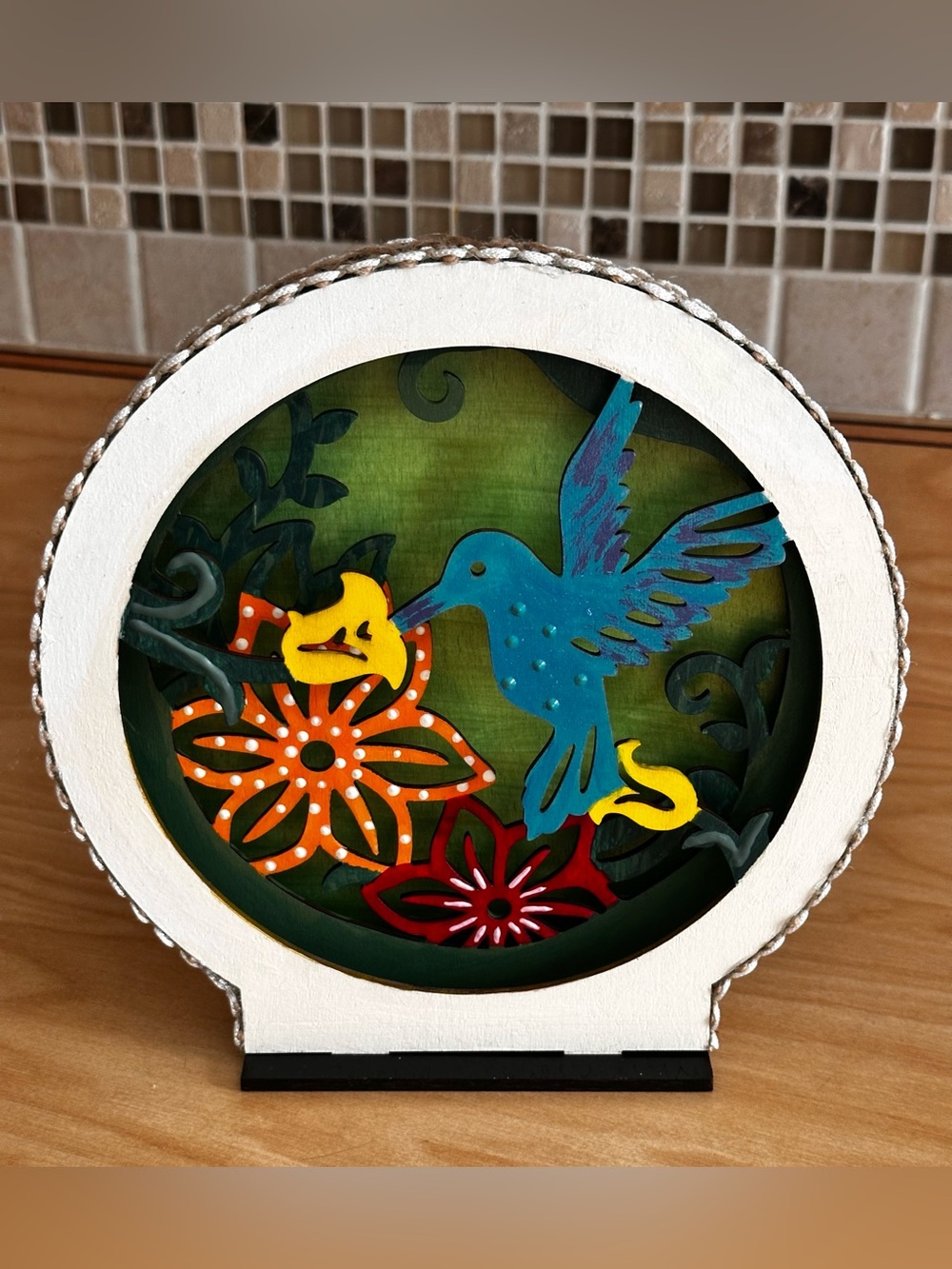 Hand Crafted Blue Hummingbird with Orange & Yellow Flowers 3d Shadow Box decor - Picture 1 of 15